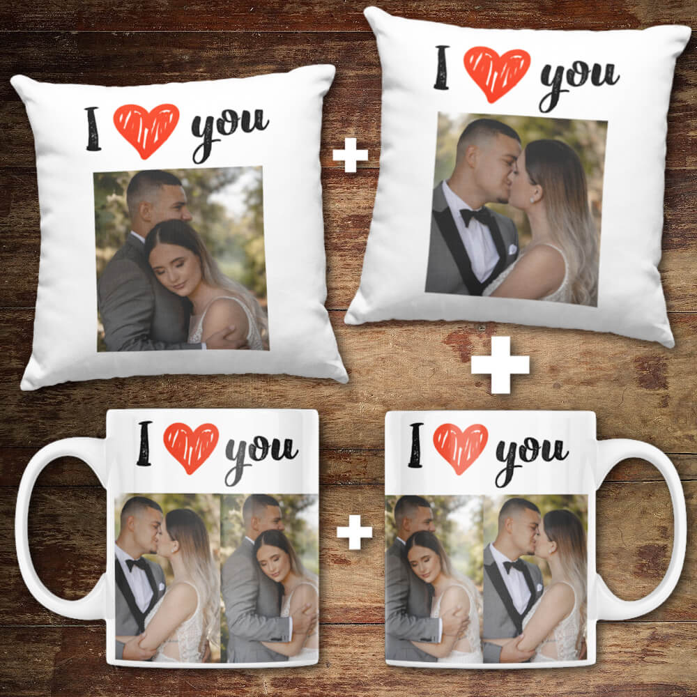 Set cadou personalizat pentru iubit/iubita - 2 Perne + 2 Cani personalizate - I love you - Revelarta.ro