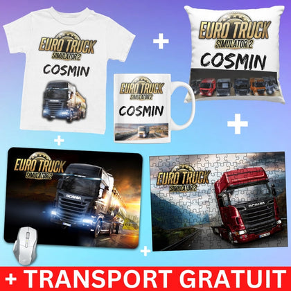 Pachet gaming Euro Truck Simulator 5 produse - Tricou + Cana + Puzzle + Mousepad + Perna - Revelarta.ro