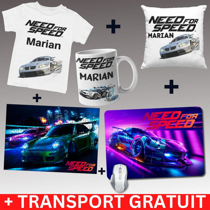 Pachet gaming NFS 5 produse - Tricou + Cana + Puzzle + Mousepad + Perna - Revelarta.ro