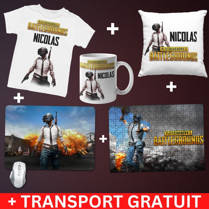Pachet gaming PUBG 5 produse - Tricou + Cana + Puzzle + Mousepad + Perna - Revelarta.ro