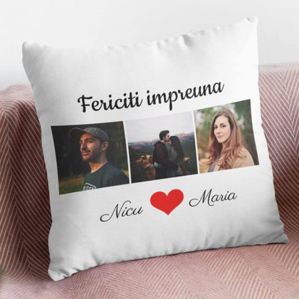 Perna personalizata cu 3 poze si text - Fericiti impreuna - Revelarta.ro