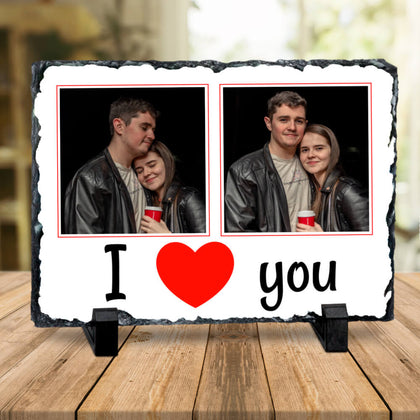 Placa de ardezie personalizata dreptunghiulara cu 2 poze - I love you - Revelarta.ro