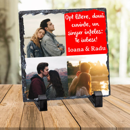 Placa de ardezie patrata personalizata cu 3 poze si text - Revelarta.ro